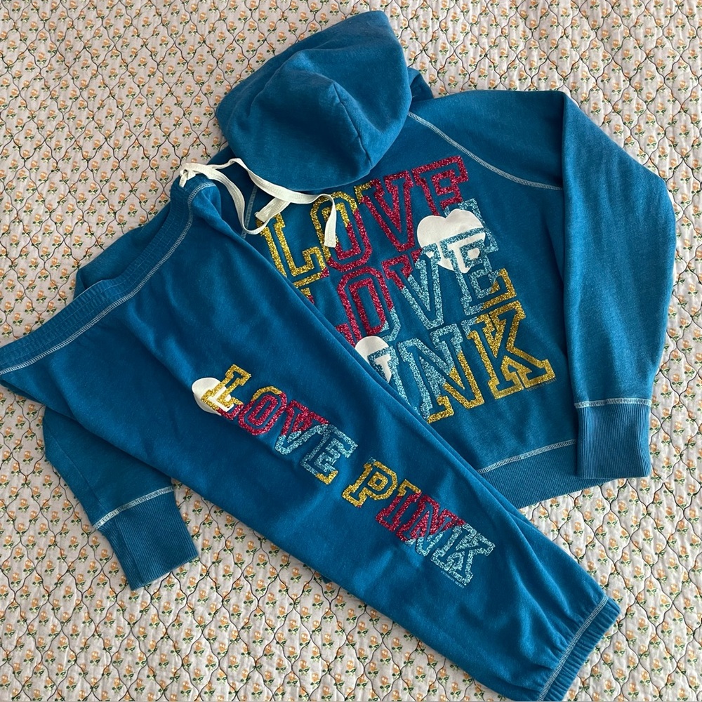 PINK VICTORIAS SECRET BLING SPARKLE FLEECE RETRO HOODIE JOGGER SET Y2K